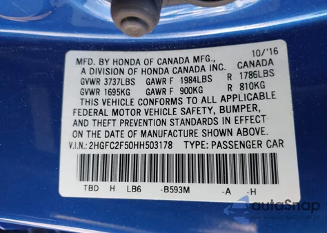 2017 Honda Civic Lx из США, поврежденный, VIN 2HGFC2F50HH503178